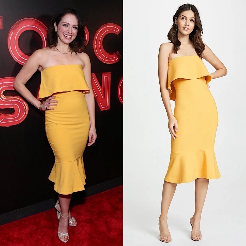 LIKELY Marigold Crepe Strapless Popover Bodycon Ruffle Flounce Hem Sheath Dress